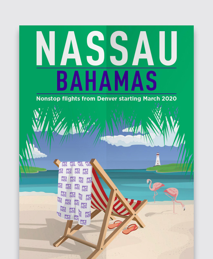 A poster for Denver International Airport's Nassau, Bahamas flight announcement