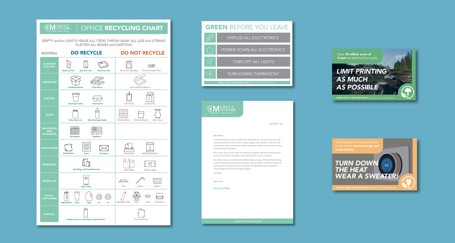 CM Green recycling chart, reminder signs, postcards and letterhead