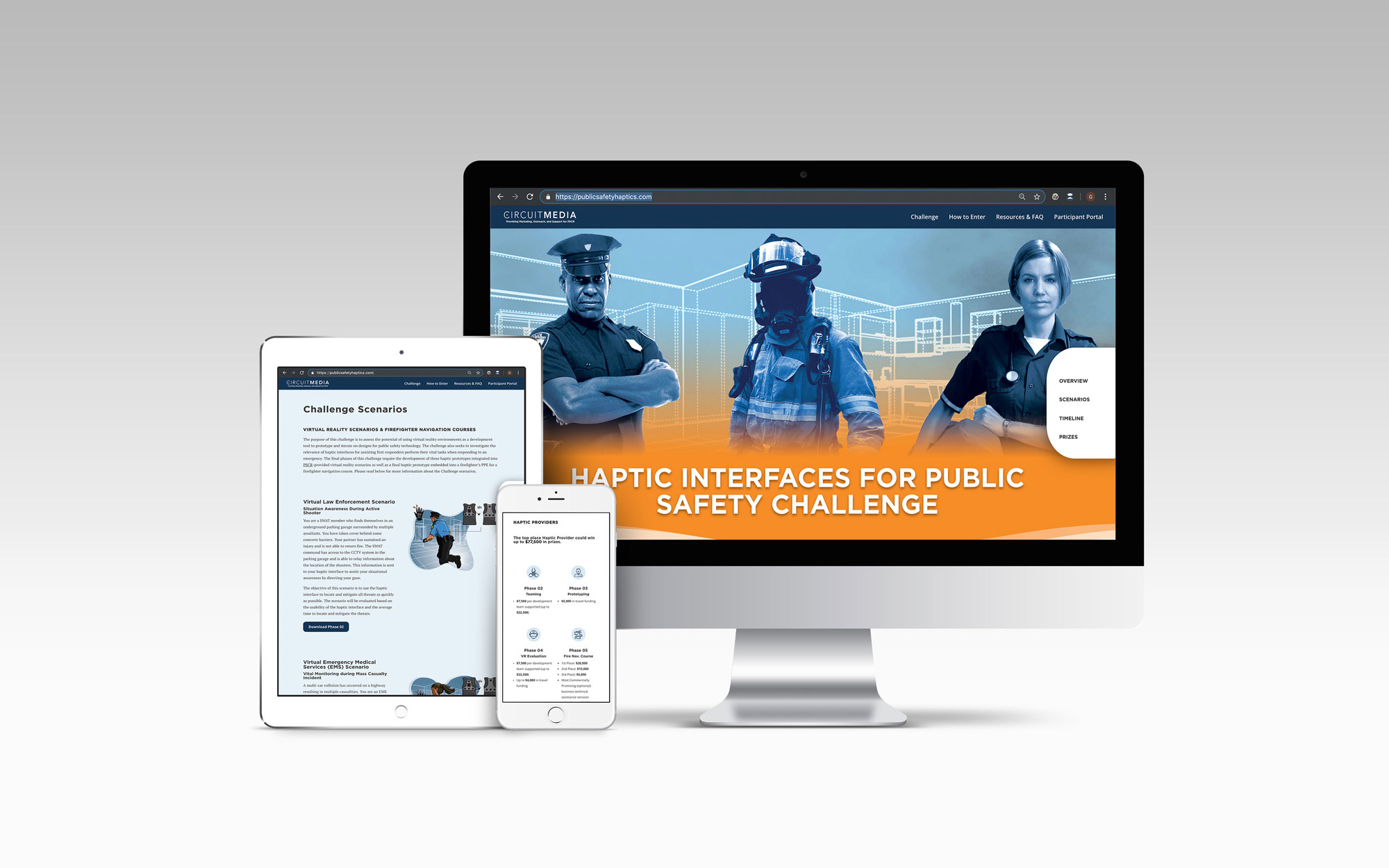 three views of the haptic challenge which include, a desktop, mobile and tablet view