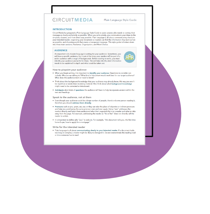 sample Plain language style guide pdf with a purple circle in the background